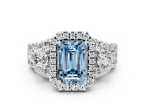 White gold Halo Fancy Blue Emerald Cut Cut Split Shank Diamond Ring with Four-Prong Setting