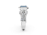 White gold Halo Fancy Blue Emerald Cut Cut Split Shank Diamond Ring with Four-Prong Setting_2