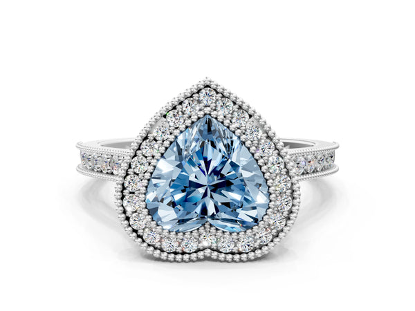 Platinum Halo Fancy Blue Heart -Cut Diamond Pave Band Milgrain Prong Setting Ring