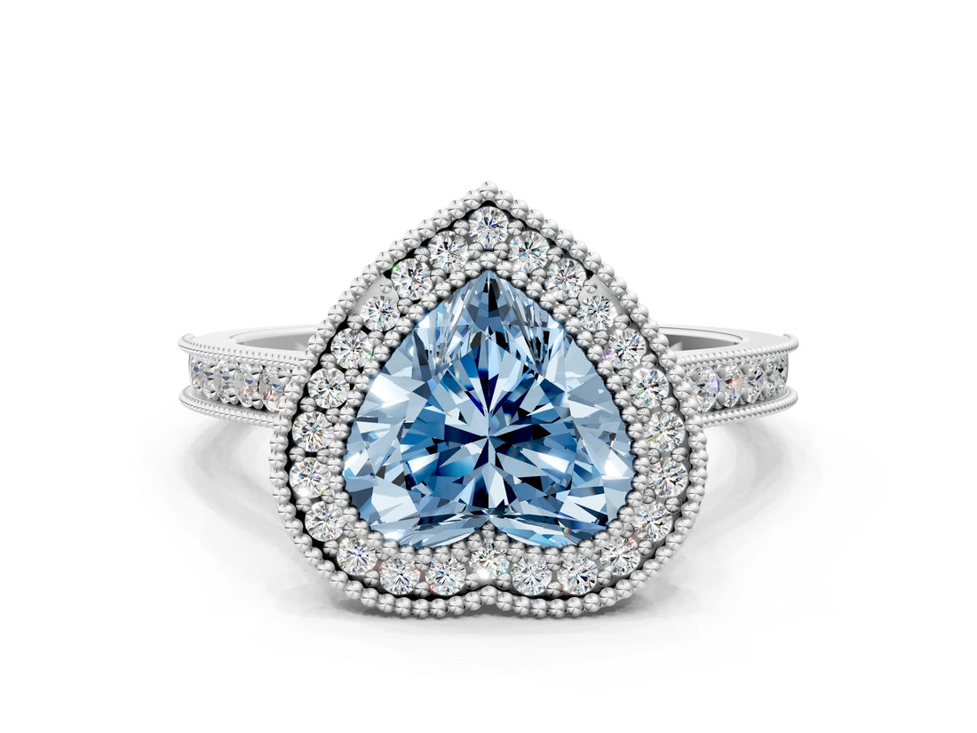 White gold Halo Fancy Blue Heart -Cut Diamond Pave Band Milgrain Prong Setting Ring_56