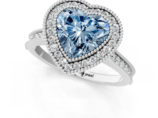 Platinum Halo Fancy Blue Heart -Cut Diamond Pave Band Milgrain Prong Setting Ring