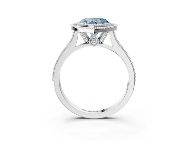 Platinum Halo Fancy Blue Heart -Cut Diamond Pave Band Milgrain Prong Setting Ring