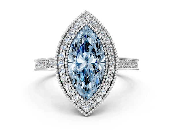 White gold Halo Fancy Blue Marquise -Cut Diamond Pave Band Milgrain Prong Setting Ring