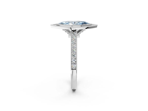 White gold Halo Fancy Blue Marquise -Cut Diamond Pave Band Milgrain Prong Setting Ring