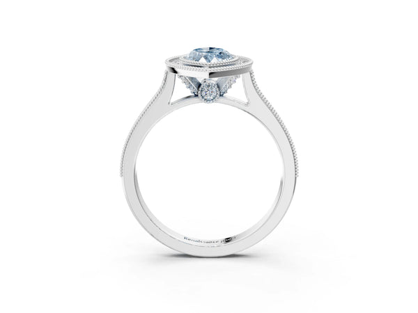 White gold Halo Fancy Blue Marquise -Cut Diamond Pave Band Milgrain Prong Setting Ring