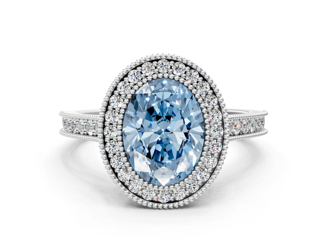 White gold Halo Fancy Blue Oval -Cut Diamond Pave Band Milgrain Prong Setting Ring_55