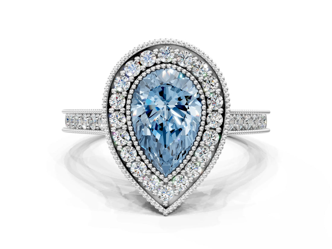 White gold Halo Fancy Blue Pear -Cut Diamond Pave Band Milgrain Prong Setting Ring_85