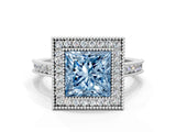 White gold Halo Fancy Blue Princess -Cut Diamond Pave Band Milgrain Prong Setting Ring_55