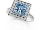 White gold Halo Fancy Blue Princess -Cut Diamond Pave Band Milgrain Prong Setting Ring_56