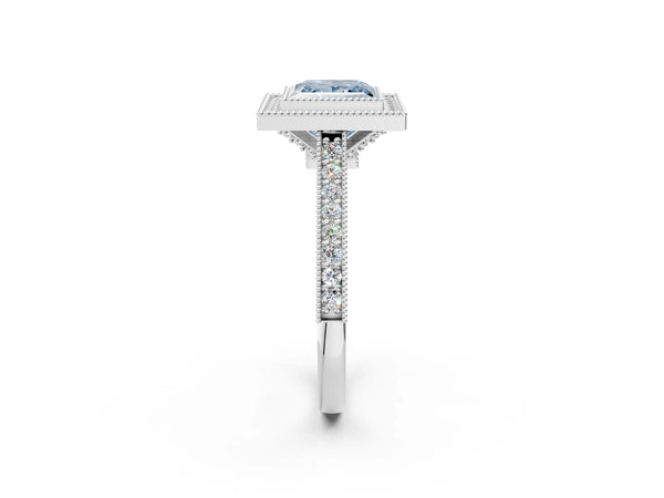 Platinum Halo Fancy Blue Princess -Cut Diamond Pave Band Milgrain Prong Setting Ring