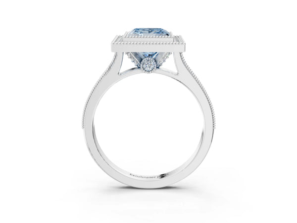 Platinum Halo Fancy Blue Princess -Cut Diamond Pave Band Milgrain Prong Setting Ring