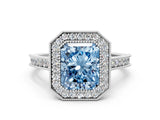 White gold Halo Fancy Blue Radiant -Cut Diamond Pave Band Milgrain Prong Setting Ring_55