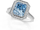 White gold Halo Fancy Blue Radiant -Cut Diamond Pave Band Milgrain Prong Setting Ring_56