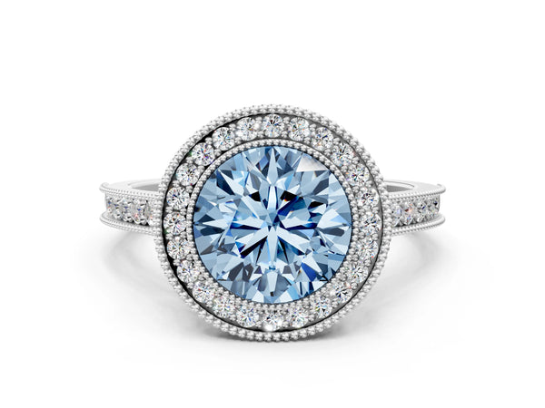 Platinum Halo Fancy Blue Round -Cut Diamond Pave Band Milgrain Prong Setting Ring