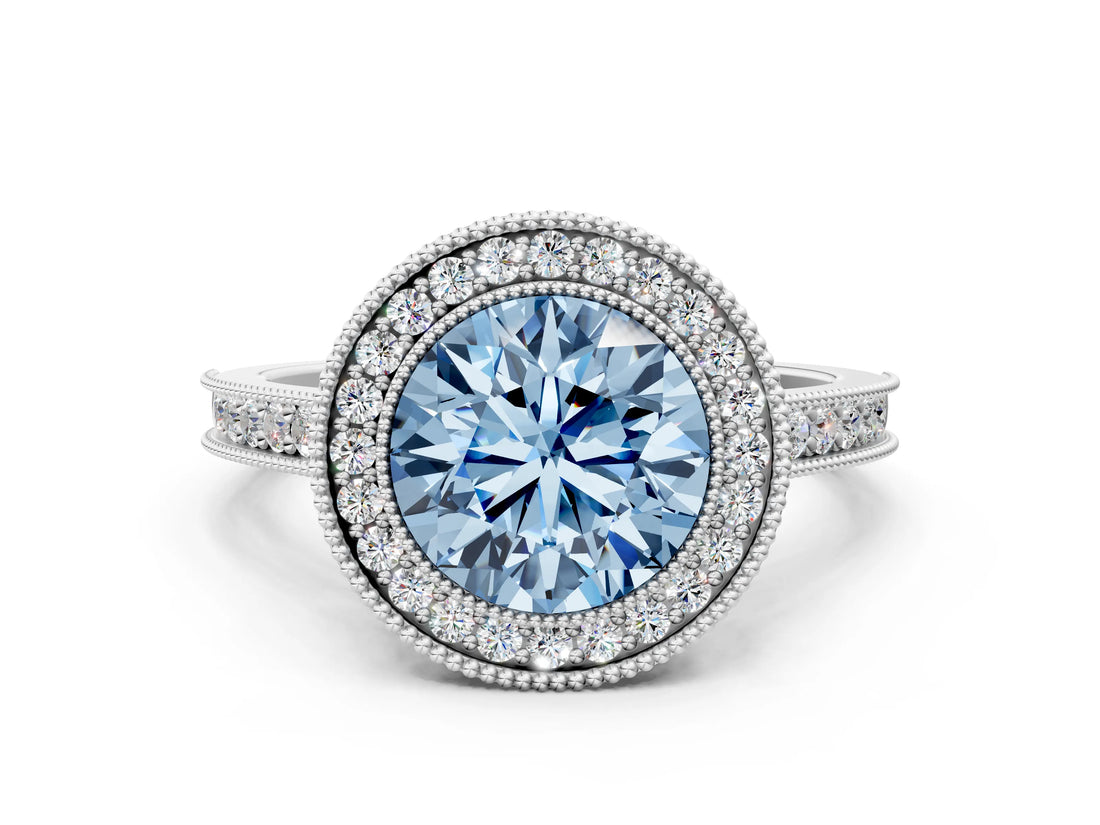 White gold Halo Fancy Blue Round -Cut Diamond Pave Band Milgrain Prong Setting Ring_55