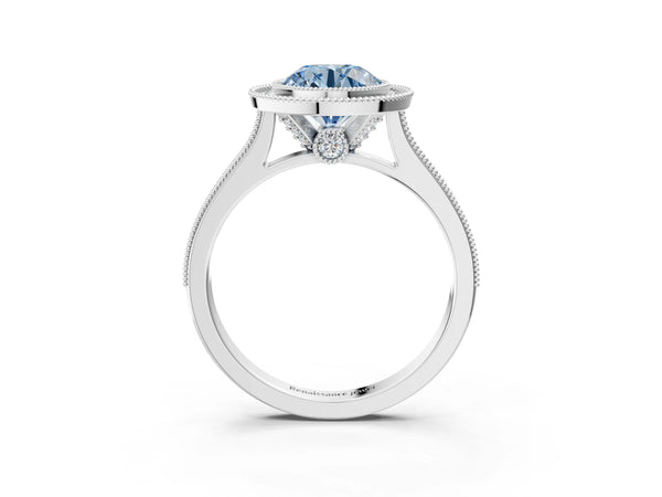 Platinum Halo Fancy Blue Round -Cut Diamond Pave Band Milgrain Prong Setting Ring