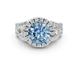 White gold Halo Fancy Blue Round Cut Cut Split Shank Diamond Ring with Four-Prong Setting