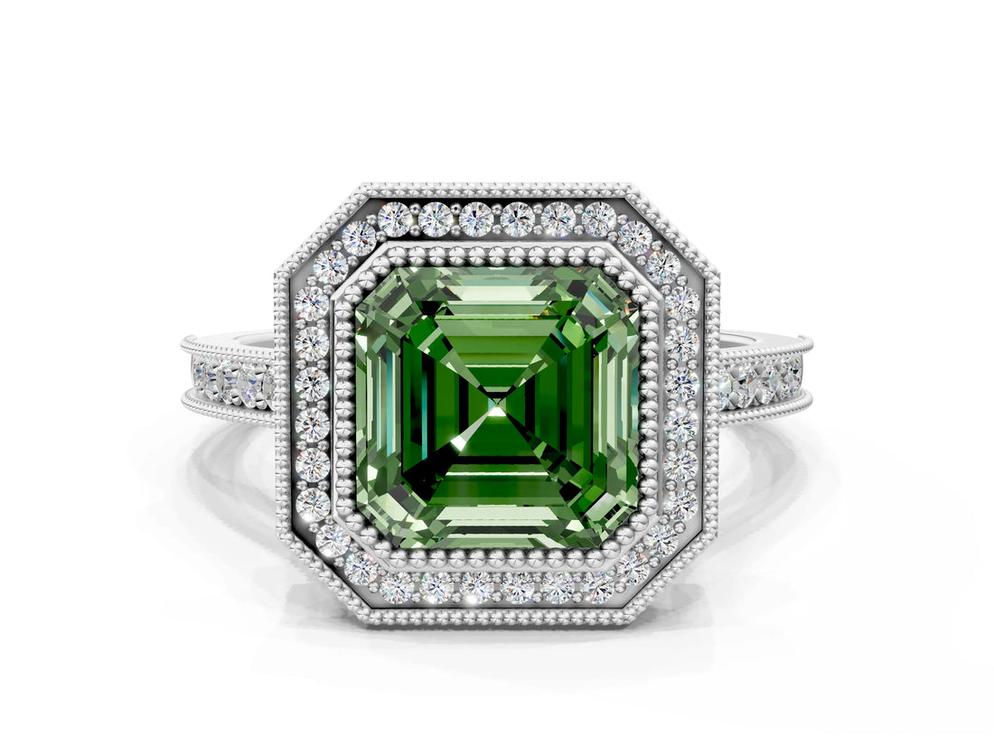 White gold Halo Fancy Green Asscher -Cut Diamond Pave Band Milgrain Prong Setting Ring_63
