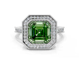 White gold Halo Fancy Green Asscher -Cut Diamond Pave Band Milgrain Prong Setting Ring_64