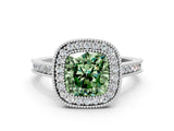 White gold Halo Fancy Green Cushion -Cut Diamond Pave Band Milgrain Prong Setting Ring_55