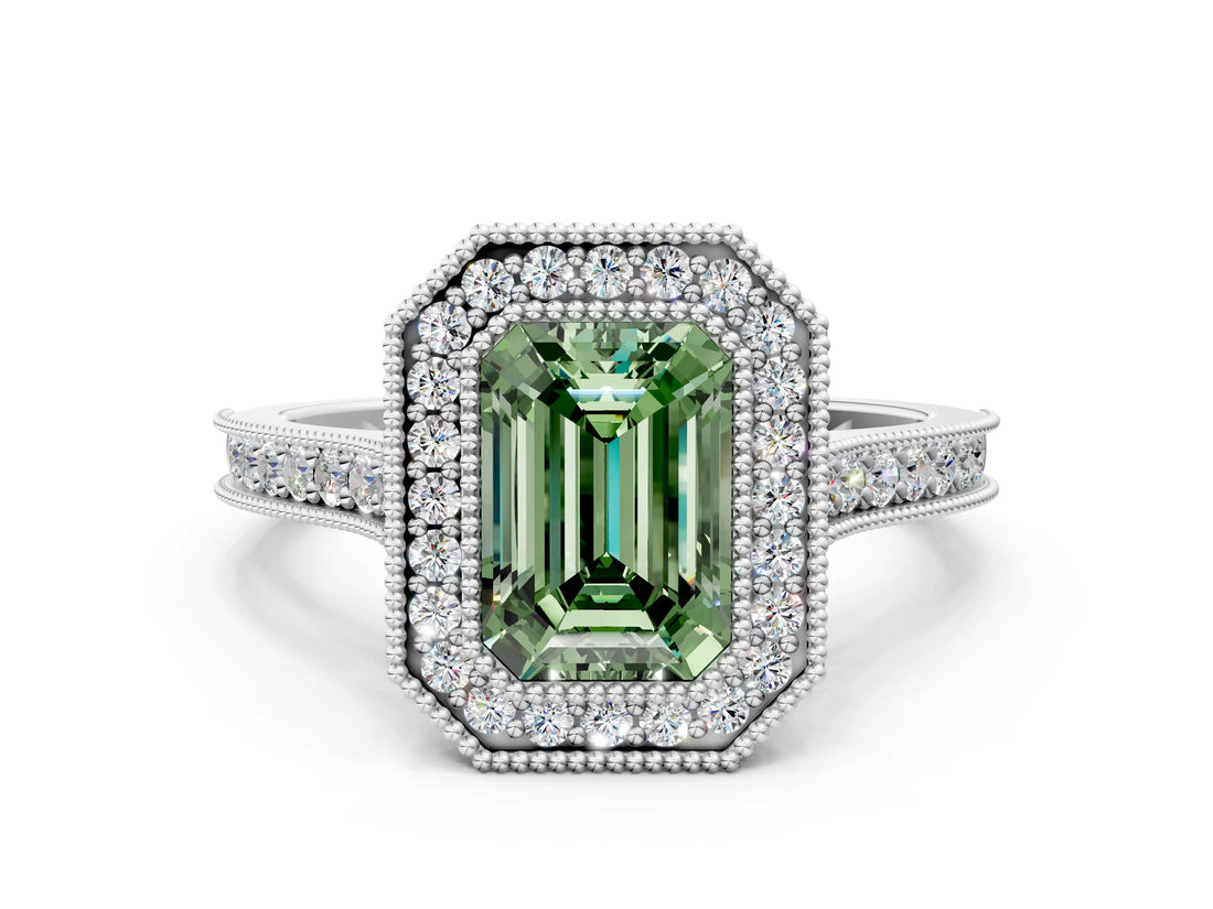 White gold Halo Fancy Green Emerald -Cut Diamond Pave Band Milgrain Prong Setting Ring_55