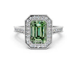 White gold Halo Fancy Green Emerald -Cut Diamond Pave Band Milgrain Prong Setting Ring_55