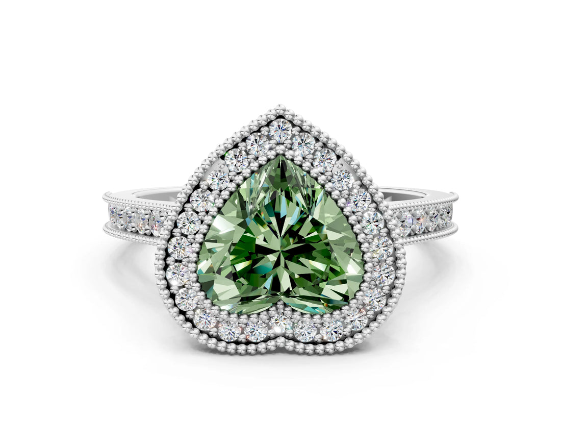 White gold Halo Fancy Green Heart -Cut Diamond Pave Band Milgrain Prong Setting Ring_40
