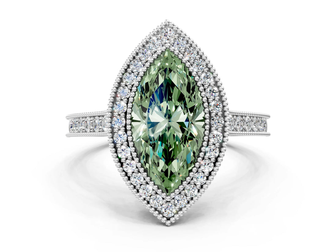 White gold Halo Fancy Green Marquise -Cut Diamond Pave Band Milgrain Prong Setting Ring_89
