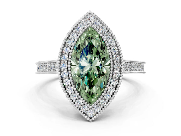 White gold Halo Fancy Green Marquise -Cut Diamond Pave Band Milgrain Prong Setting Ring