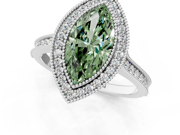White gold Halo Fancy Green Marquise -Cut Diamond Pave Band Milgrain Prong Setting Ring