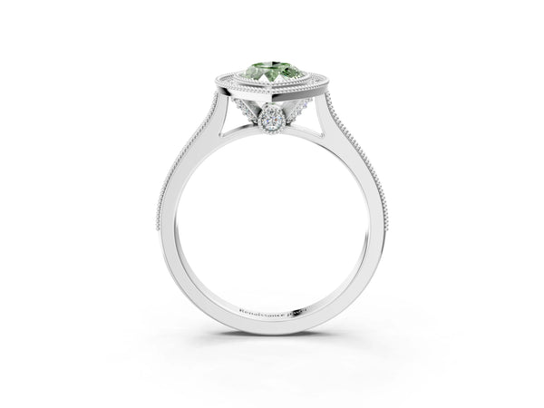 White gold Halo Fancy Green Marquise -Cut Diamond Pave Band Milgrain Prong Setting Ring