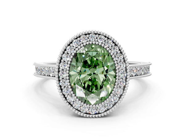 Platinum Halo Fancy Green Oval -Cut Diamond Pave Band Milgrain Prong Setting Ring