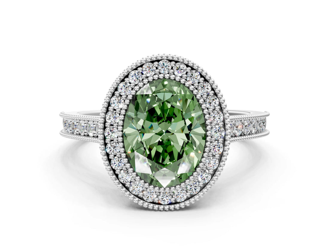 White gold Halo Fancy Green Oval -Cut Diamond Pave Band Milgrain Prong Setting Ring_55