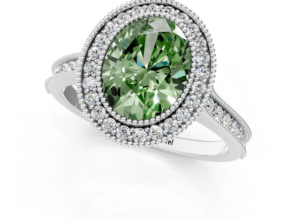 Platinum Halo Fancy Green Oval -Cut Diamond Pave Band Milgrain Prong Setting Ring
