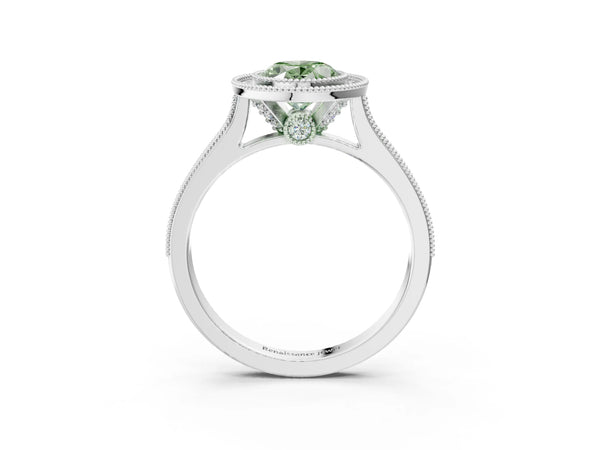 Platinum Halo Fancy Green Oval -Cut Diamond Pave Band Milgrain Prong Setting Ring