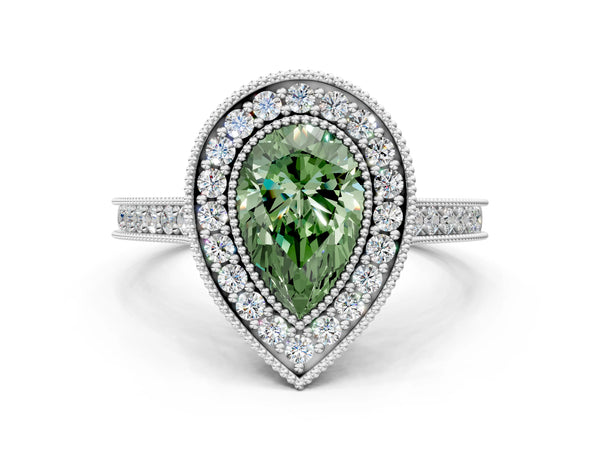 Platinum Halo Fancy Green Pear -Cut Diamond Pave Band Milgrain Prong Setting Ring