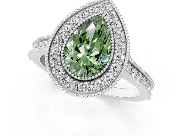 Platinum Halo Fancy Green Pear -Cut Diamond Pave Band Milgrain Prong Setting Ring