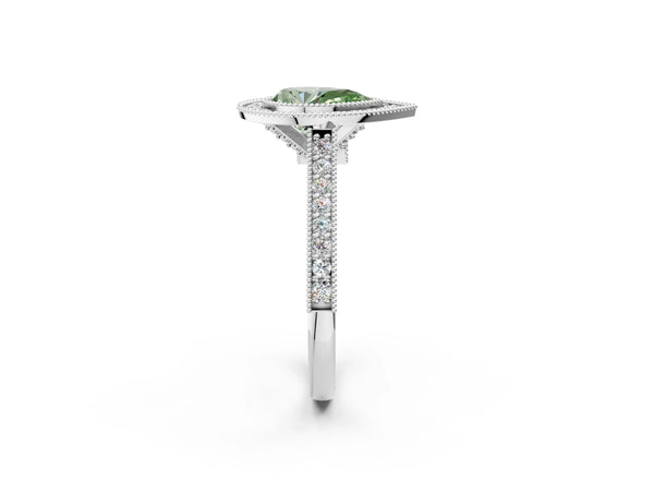 Platinum Halo Fancy Green Pear -Cut Diamond Pave Band Milgrain Prong Setting Ring