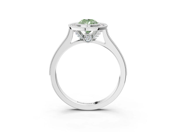 Platinum Halo Fancy Green Pear -Cut Diamond Pave Band Milgrain Prong Setting Ring