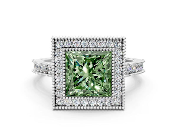 Platinum Halo Fancy Green Princess -Cut Diamond Pave Band Milgrain Prong Setting Ring