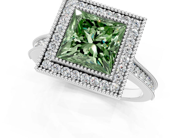 Platinum Halo Fancy Green Princess -Cut Diamond Pave Band Milgrain Prong Setting Ring