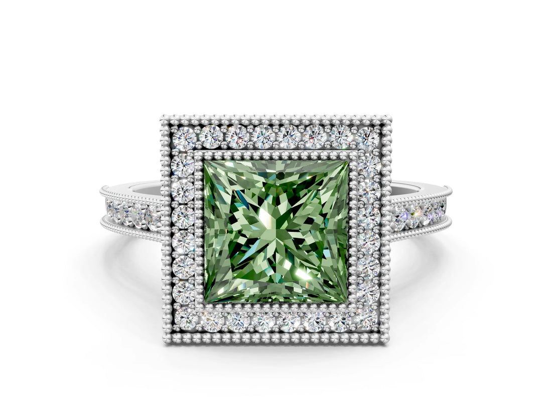 White gold Halo Fancy Green Princess -Cut Diamond Pave Band Milgrain Prong Setting Ring_35