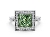 White gold Halo Fancy Green Princess -Cut Diamond Pave Band Milgrain Prong Setting Ring_35