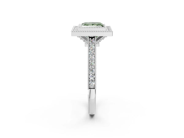 Platinum Halo Fancy Green Princess -Cut Diamond Pave Band Milgrain Prong Setting Ring