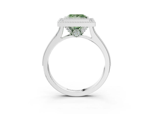Platinum Halo Fancy Green Princess -Cut Diamond Pave Band Milgrain Prong Setting Ring