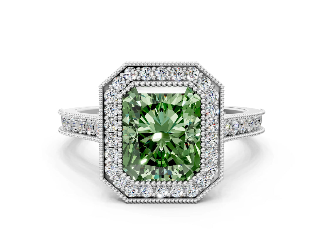 White gold Halo Fancy Green Radiant -Cut Diamond Pave Band Milgrain Prong Setting Ring_54