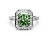 White gold Halo Fancy Green Radiant -Cut Diamond Pave Band Milgrain Prong Setting Ring_55