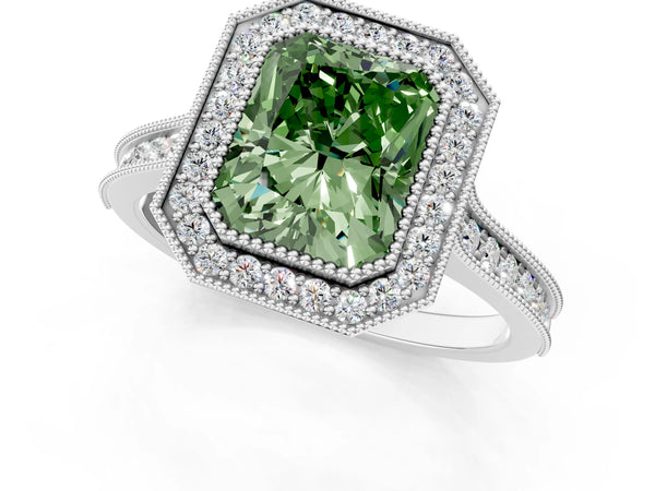 Platinum Halo Fancy Green Radiant -Cut Diamond Pave Band Milgrain Prong Setting Ring