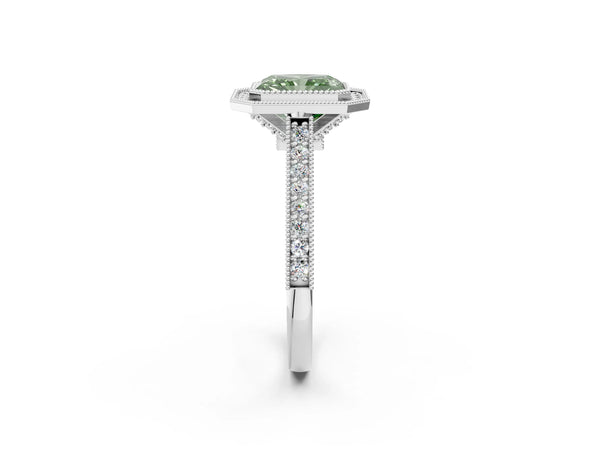 Platinum Halo Fancy Green Radiant -Cut Diamond Pave Band Milgrain Prong Setting Ring
