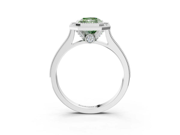 Platinum Halo Fancy Green Radiant -Cut Diamond Pave Band Milgrain Prong Setting Ring